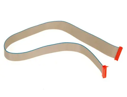 Flachbandkabel in neutraler Farbe mit zwei roten Steckverbindern an den Enden, geeignet für elektrische Verbindungen, hergestellt von Bosch.